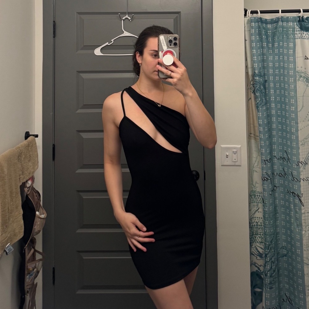 PrettyLittleThing Black One Shoulder Mini Dress Cutout Bodycon Size 2